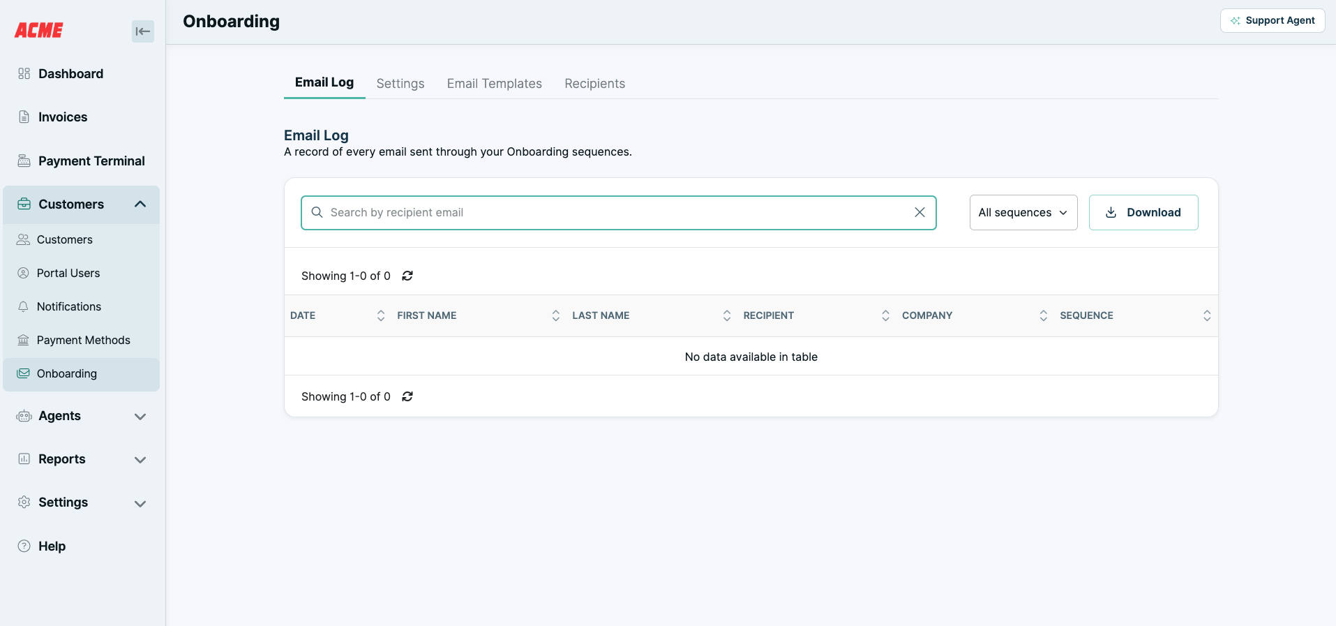 The Onboarding page showing the Email Log, Settings, Email Templates, and Recipients tabs.