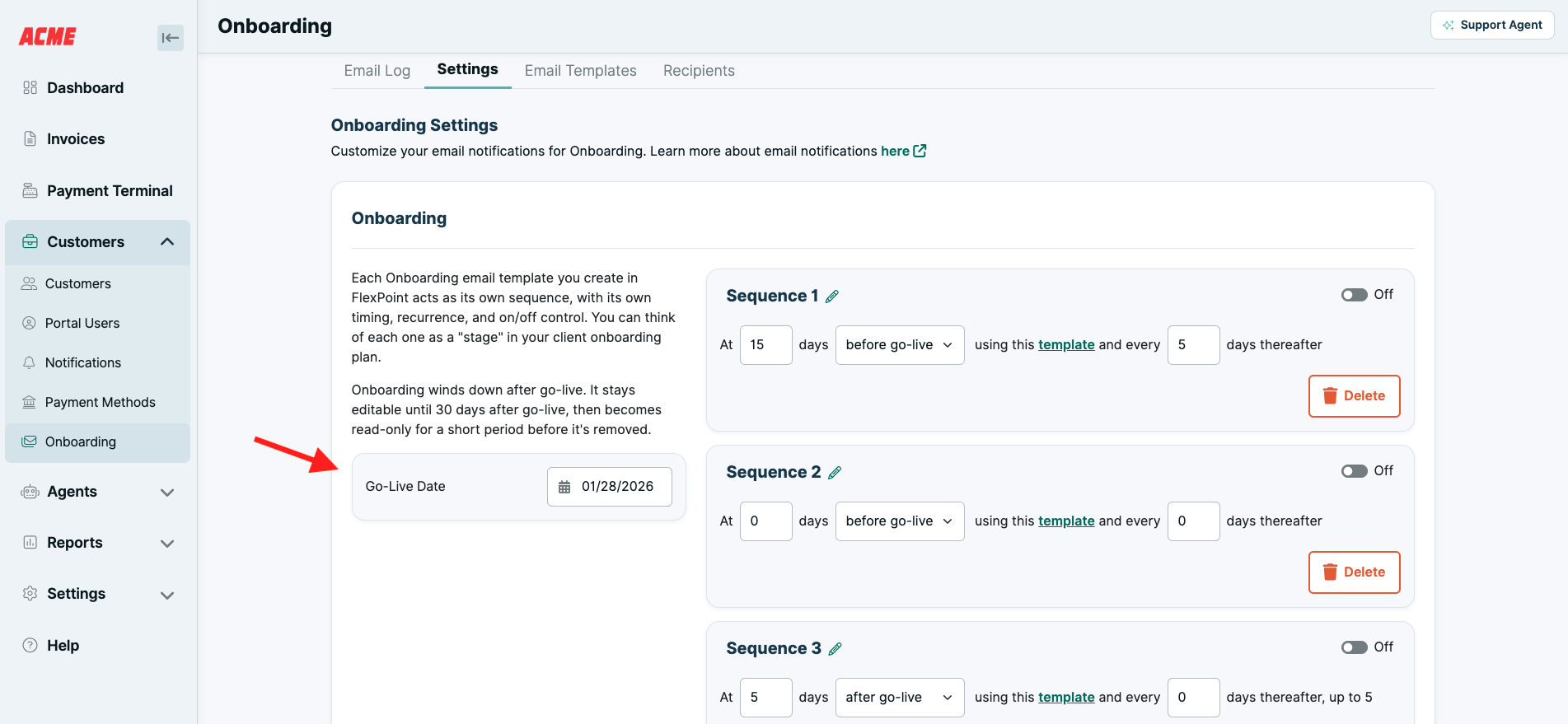 The Settings tab with the Target Go-Live Date field.