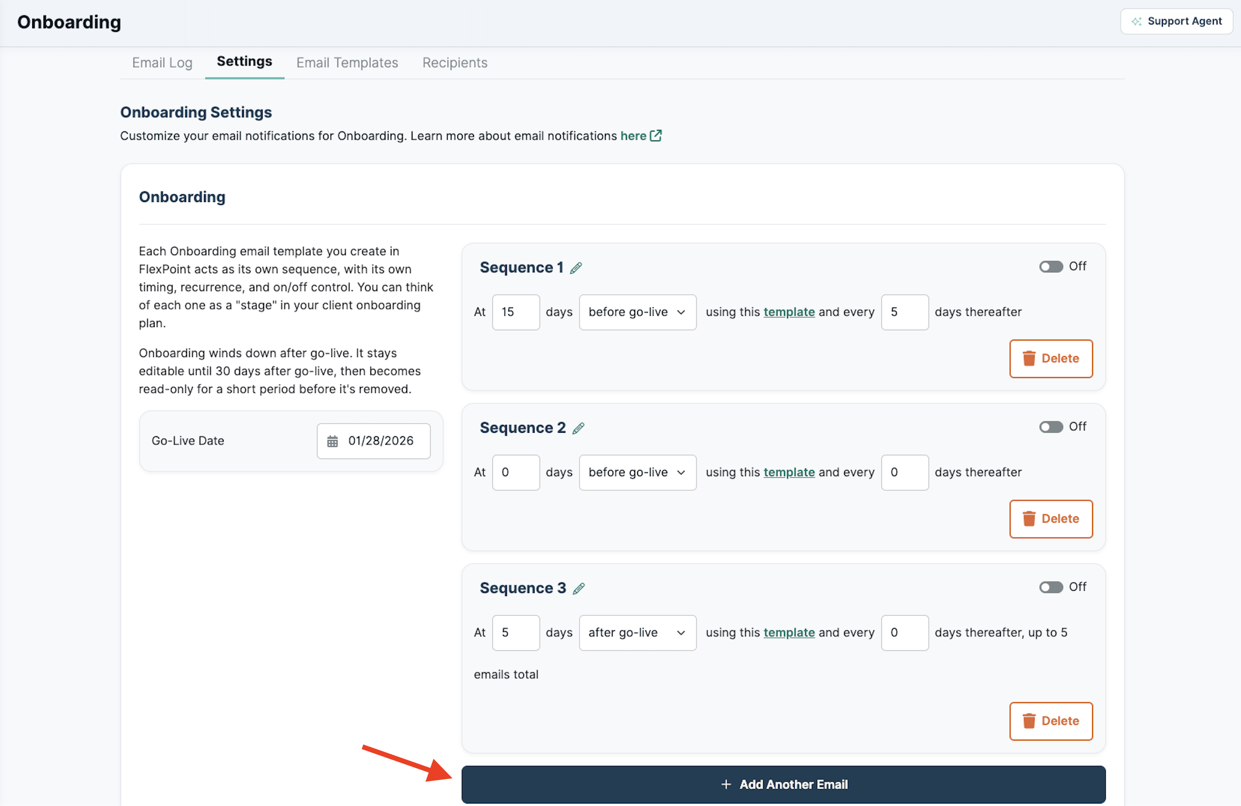 Adding a new sequence from the Settings tab.