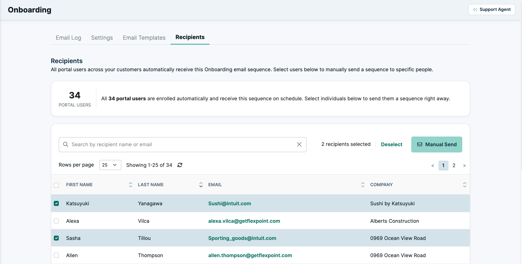 Selecting recipients and choosing Manual send from the toolbar.