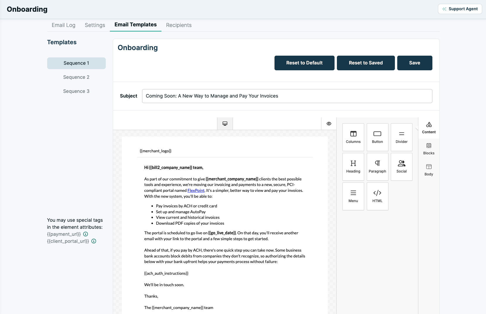 The Email Templates tab with the template sidebar and editor.