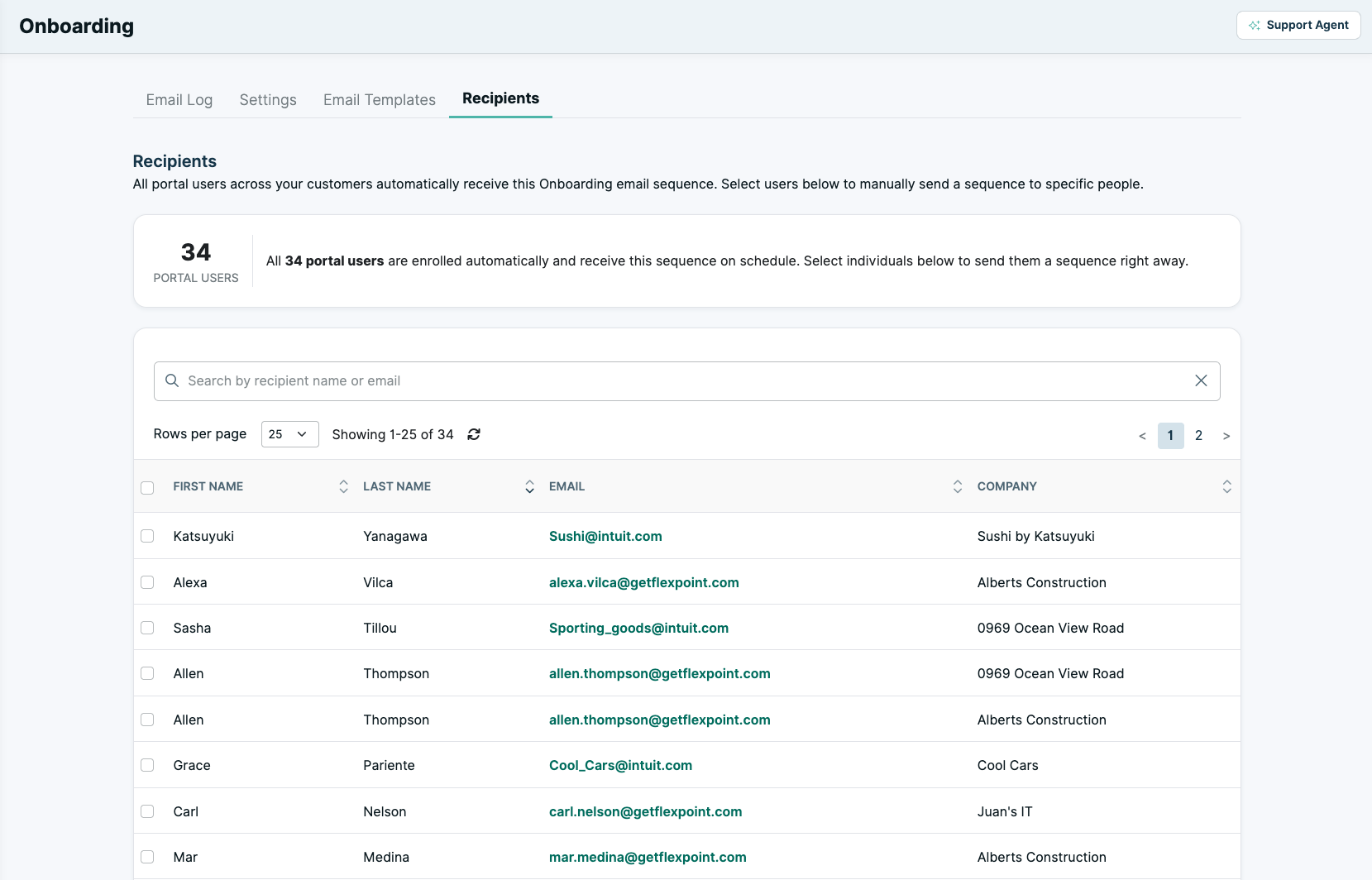 The Recipients tab listing portal users with name, email, and company.