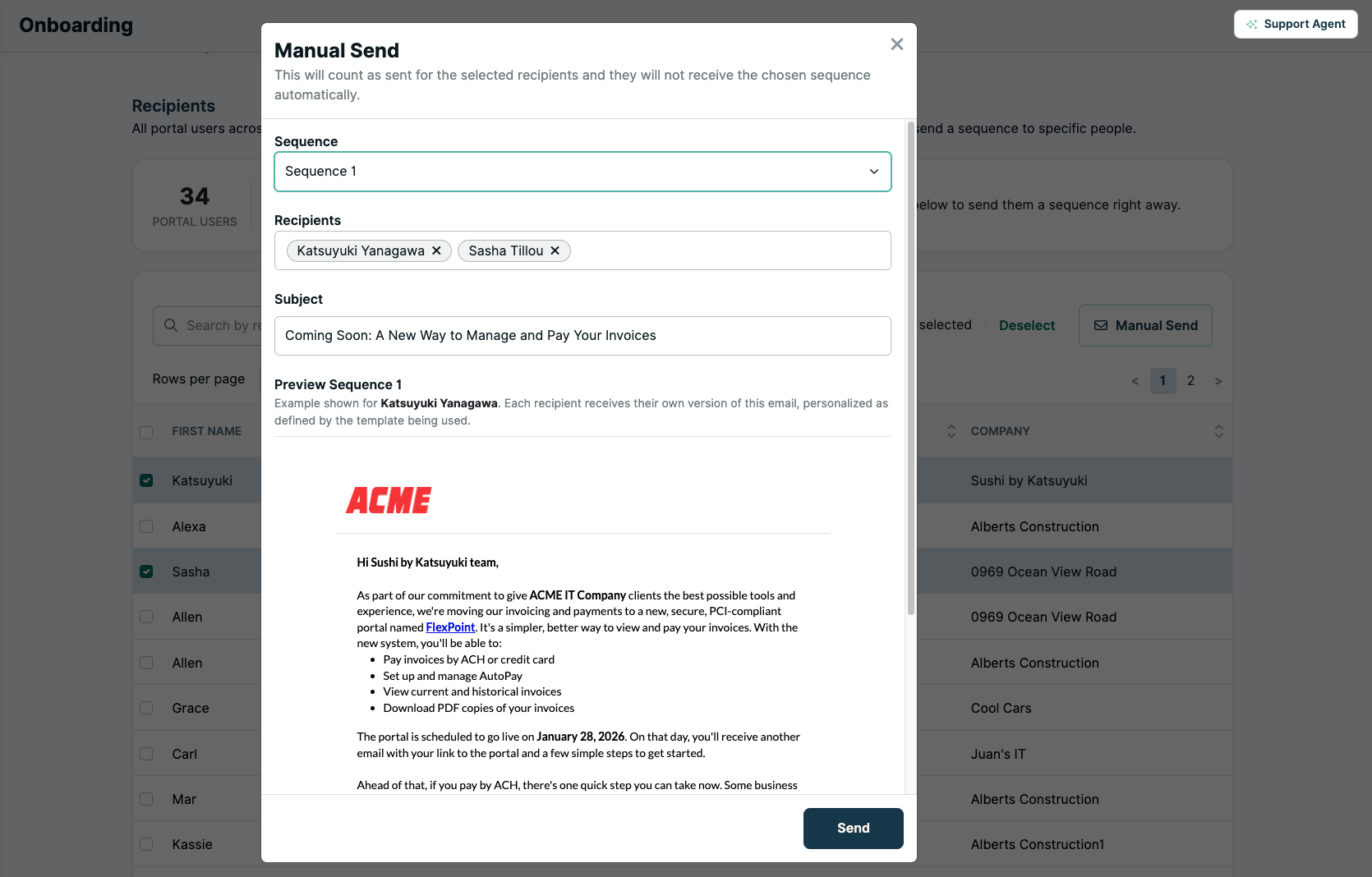 The Manual Send window with sequence picker, recipients, subject, and email preview.