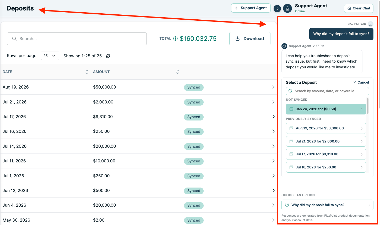 FlexPoint Support Agent explaining a sync issue and suggesting an action