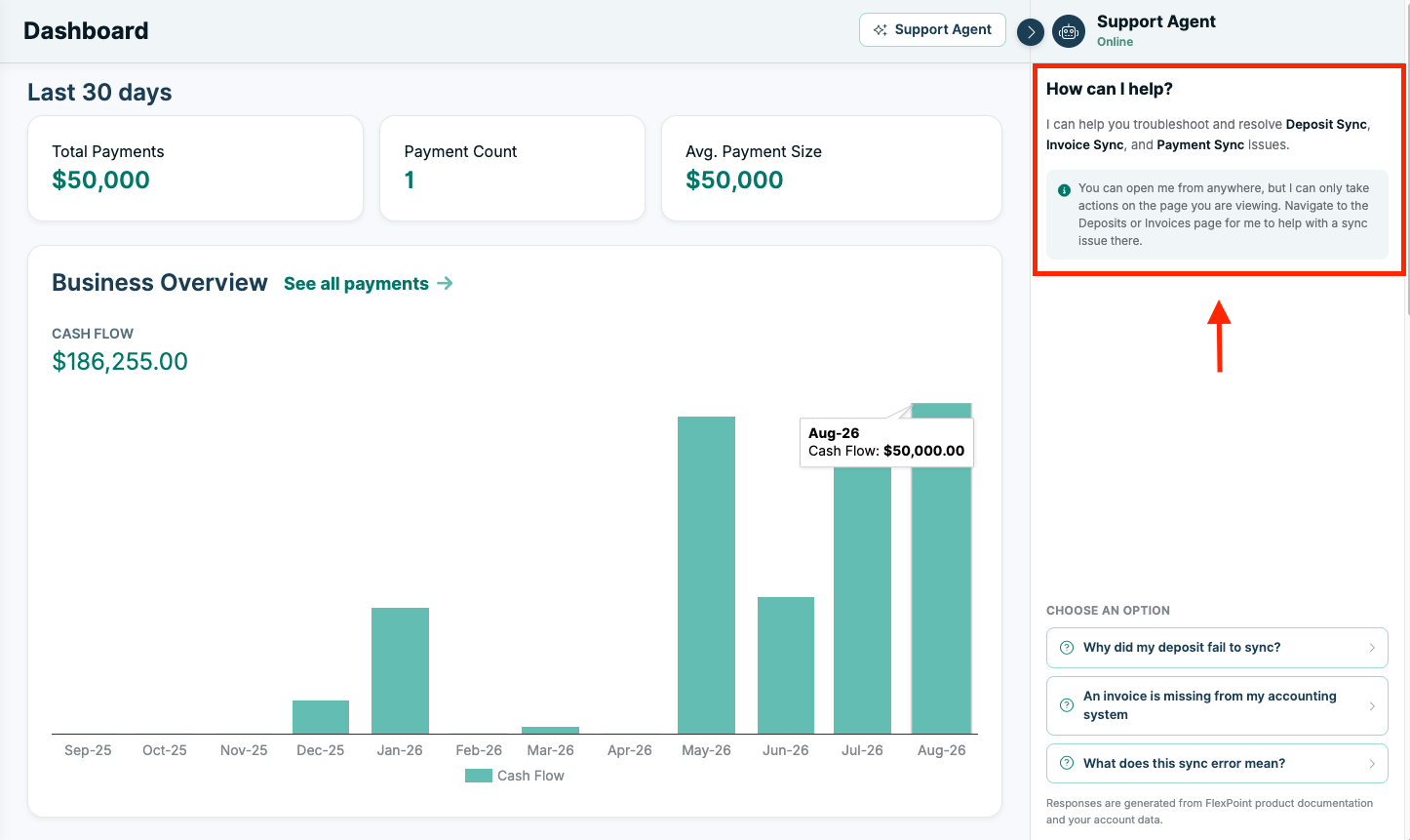 FlexPoint page with Support Agent open alongside the relevant page